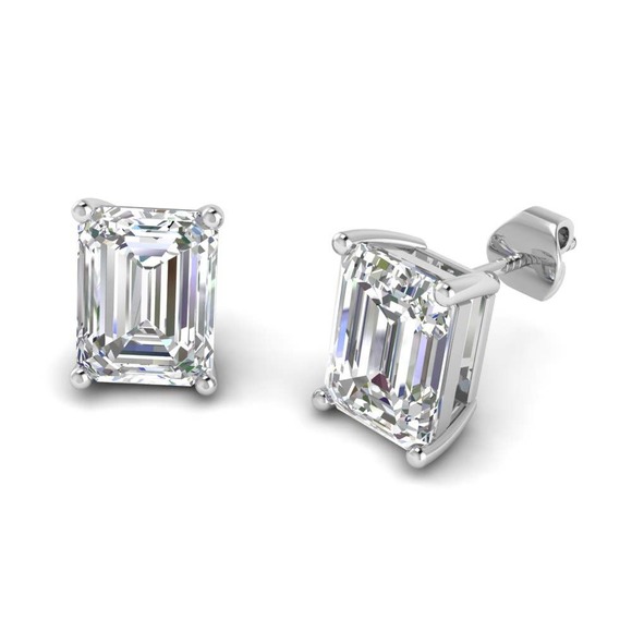 2 Carat DEW Emerald Cut Moissanite Stud Earrings in Sterling Silver (Certified) - Picture 1 of 8